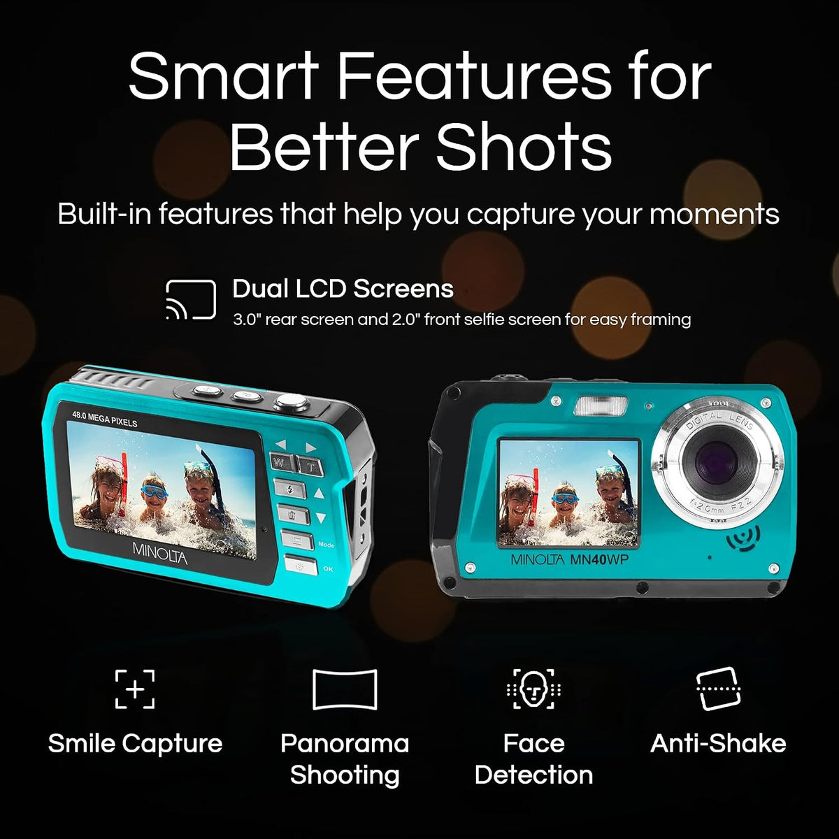 Minolta MN40WP 48MP QHD Dual LCD Screen Waterproof Camera, Blue