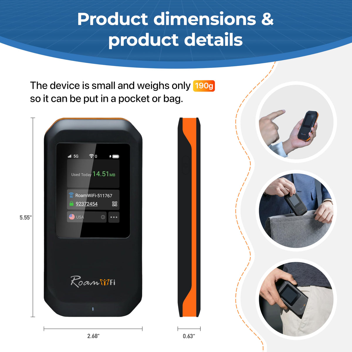 RoamWiFi Mobile Hotspot Pocket WiFi, Portable WiFi No SIM Card Needed, MiFi