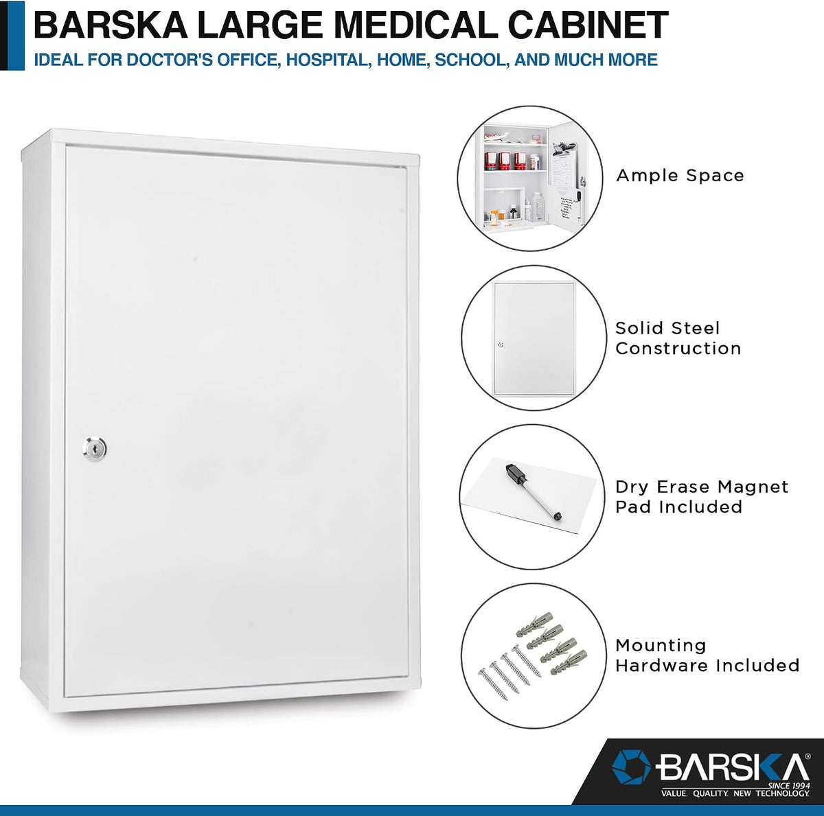 Barska Large Medical Cabinet â Locking Steel Medicine Storage Box with Shelves, Drop-Down Tray, Magnetic Dry Erase Pad, and Wall Mounting Holes - medicine cabinet organizer - Lock Box First Aid