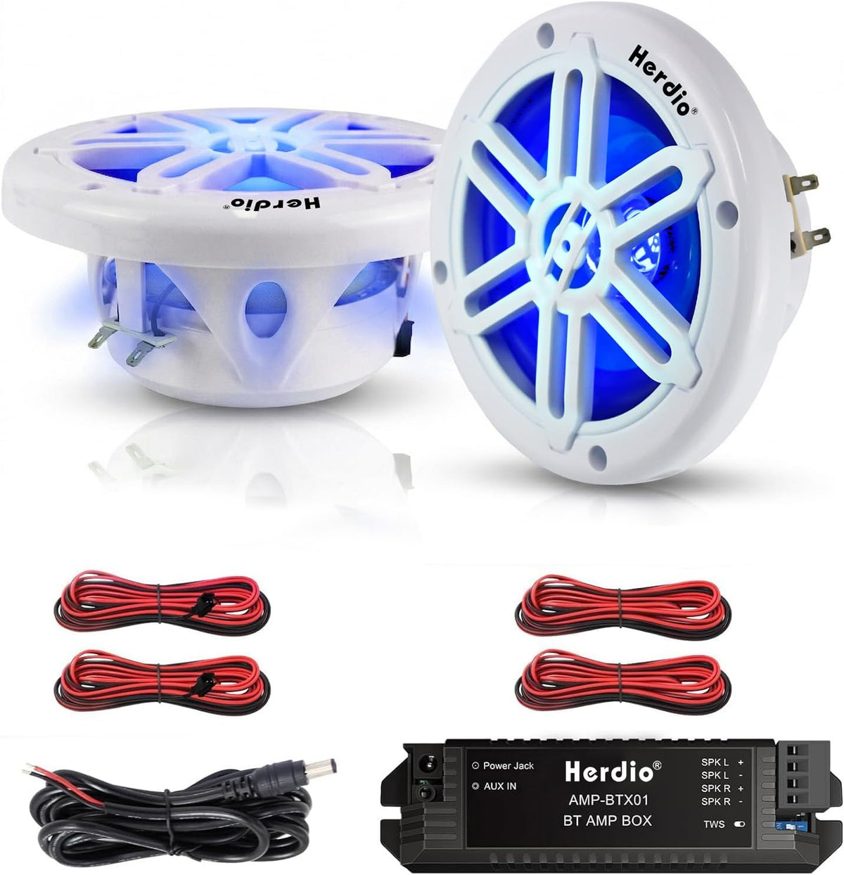 Herdio 6.5 Inch 350W Bluetooth Marine Speakers with Blue LED Light - 2 Way Waterproof Coaxial Speakers for Boats, ATVs, UTVs (A Pair, White)
