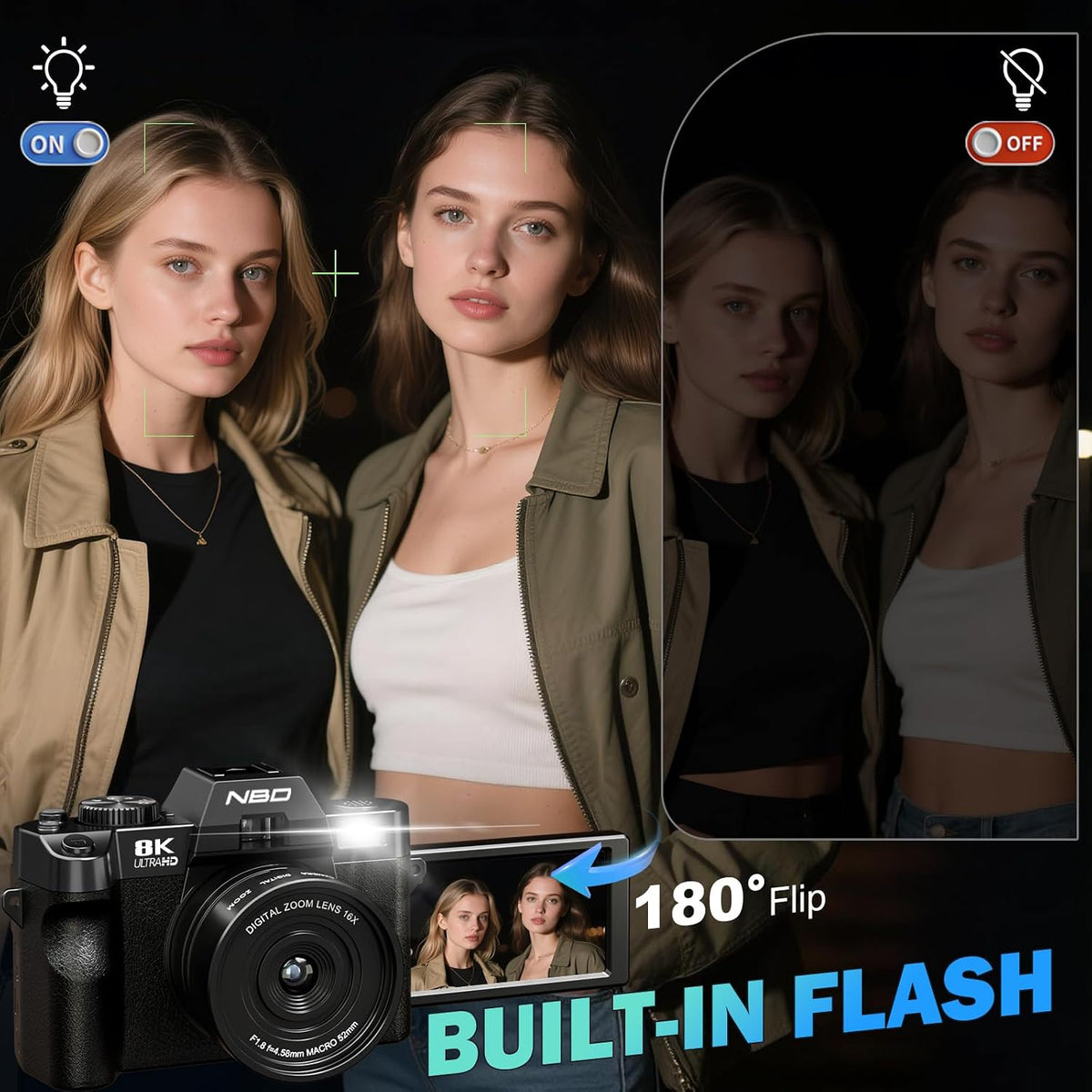 8K Digital Camera 64MP with WiFi & 180Â° Flip Screen, F1.8 Lens 16X Zoom Vlogging Camera for YouTube, Dual Battery 200Mins Recording, External Mic, 64GB TF Card for Beginners Travel (Black)