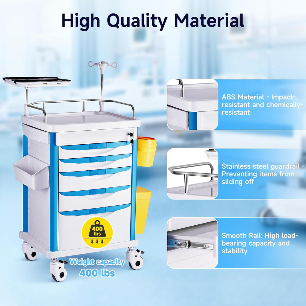 Medical Carts with Wheels, 5-Tier Drawers, Adjustable IV Pole, Silent Casters, Trash Bins, O2 Holder, Needle Disposal Holder & CPR Board, Rolling Crash Carts for Hospital Clinic