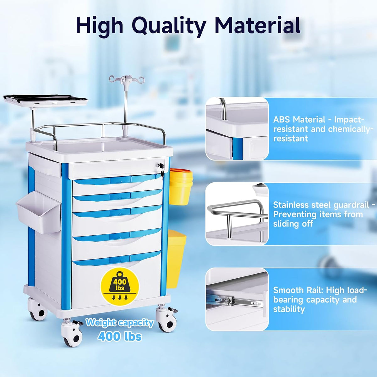 Medical Carts with Wheels, 5-Tier Drawers, Adjustable IV Pole, Silent Casters, Trash Bins, O2 Holder, Needle Disposal Holder & CPR Board, Rolling Crash Carts for Hospital Clinic