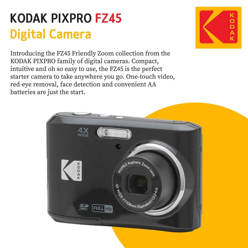 KODAK PIXPRO FZ45 16MP Digital Camera with 4X Optical Zoom 27mm Wide Angle and 2.7" LCD Screen Bundle with 32GB SD Memory Card, AA Batteries (4 Pack), Lens Cleaning Cloth (Red)