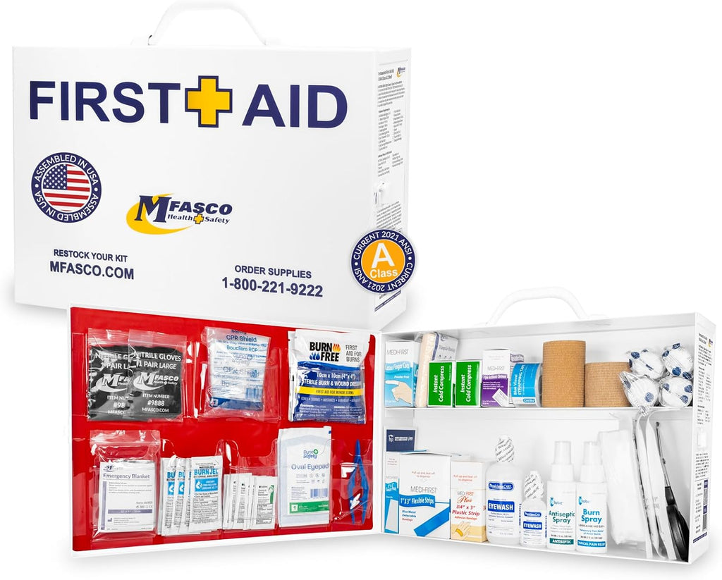 MFASCO Restaurant First Aid Kit - 2 Shelf Metal Cabinet, OSHA 2021 Class A