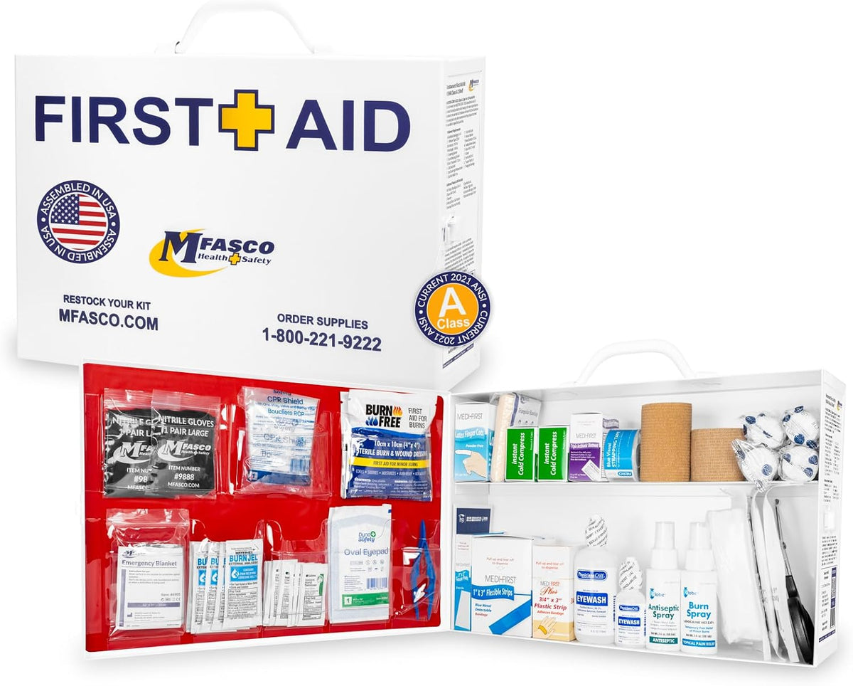 MFASCO Restaurant First Aid Kit - 2 Shelf Metal Cabinet, OSHA 2021 Class A