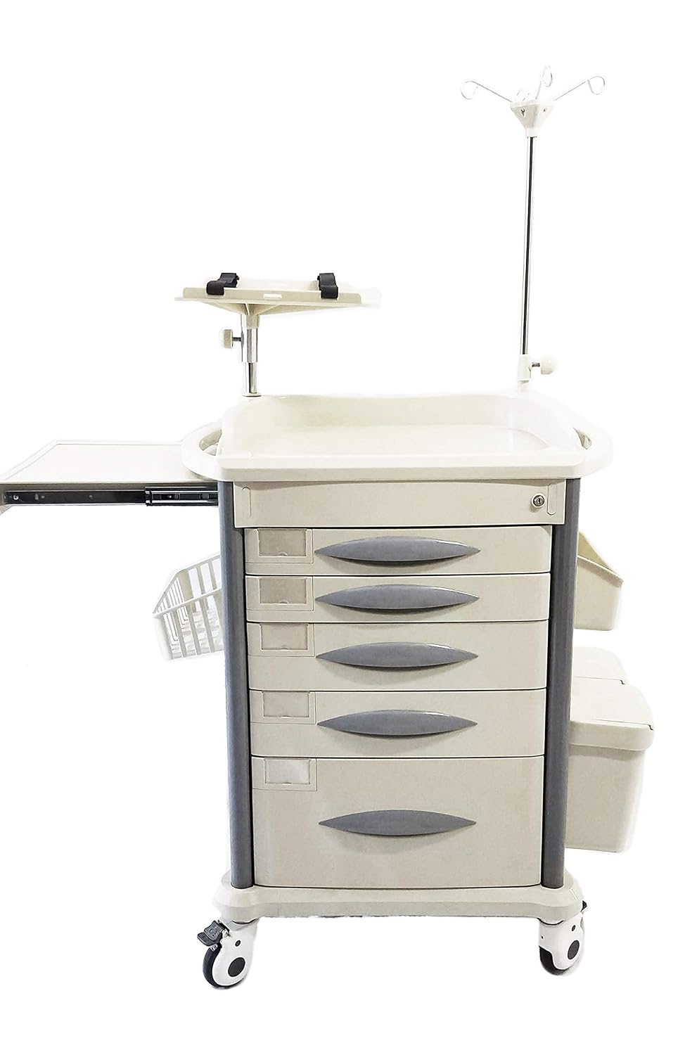 Lite Mobile Emergency Crash Cart with Accessories, IV Pole, O2 Holder, Extended Writing Shelf, Power Cord and Trash Bin