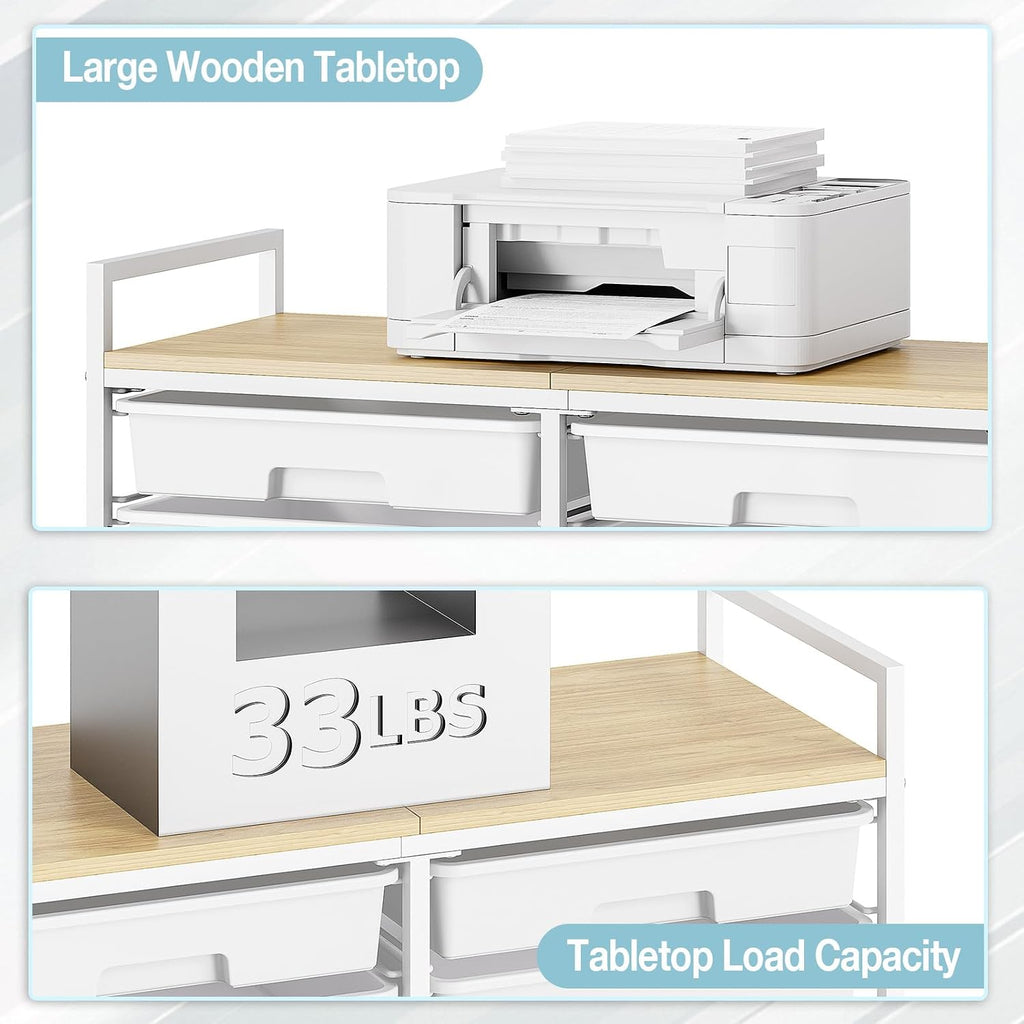 TOOLF 12 Drawers Rolling Storage Cart with Wooden Top for Classroom,White