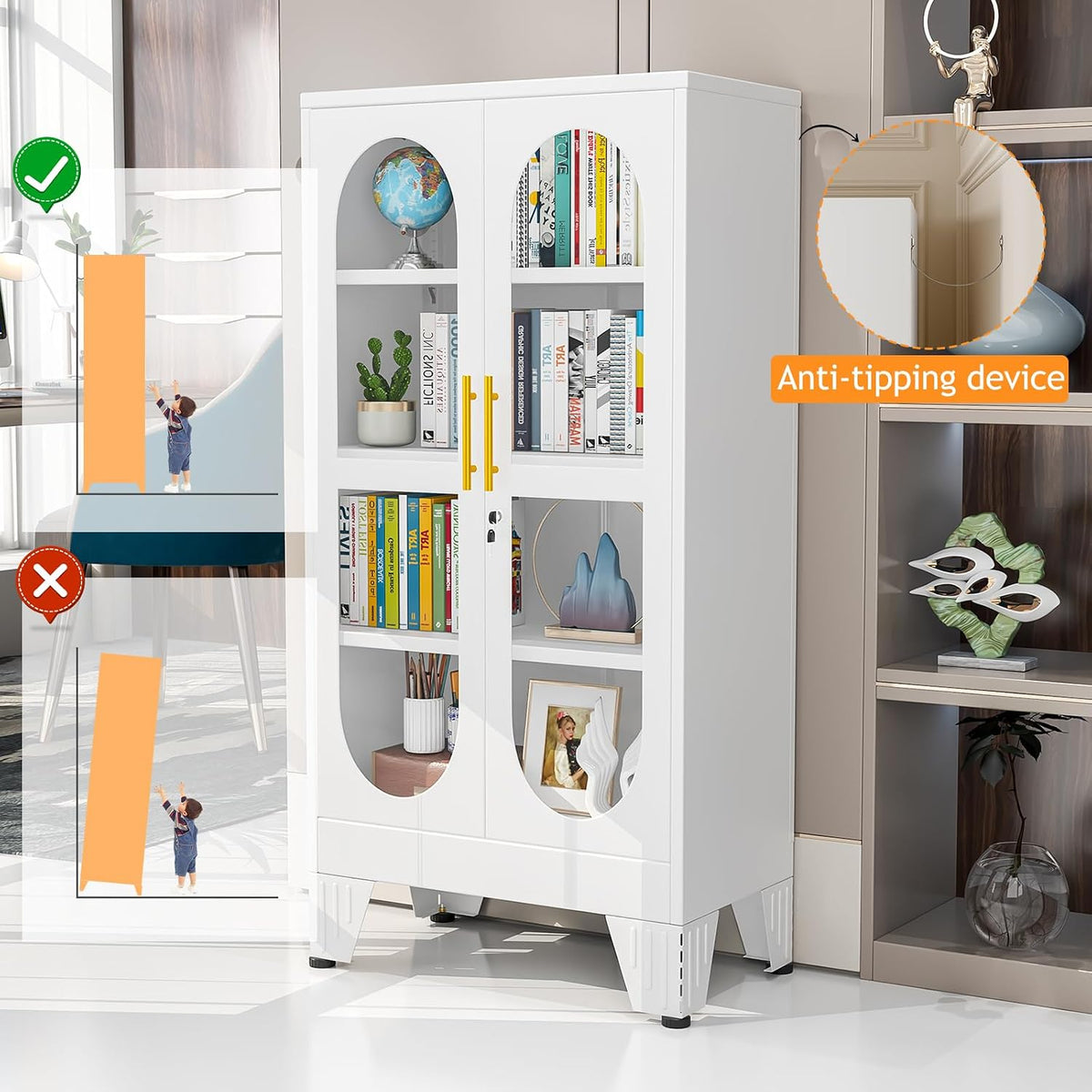 PAOFIN 47" H Locking Display Cabinet with Glass Door, Metal Cabinets with 3 Adjustable Shelves, Cabinet Display Case for Living Room, Collectibles, Clinic, Home - Assembly Required White
