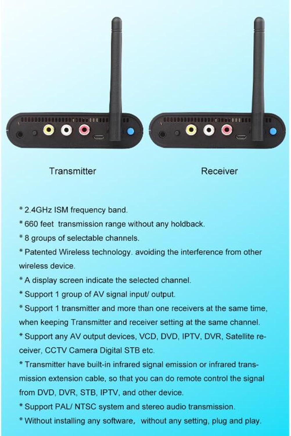 Wireless AV Transmission and Reception Kit, 200M Long Range 2.4 GHz 8 Channel Digital Screen Plug and Play Audio Video Sender Extender for TV CCTV Projector Home Use