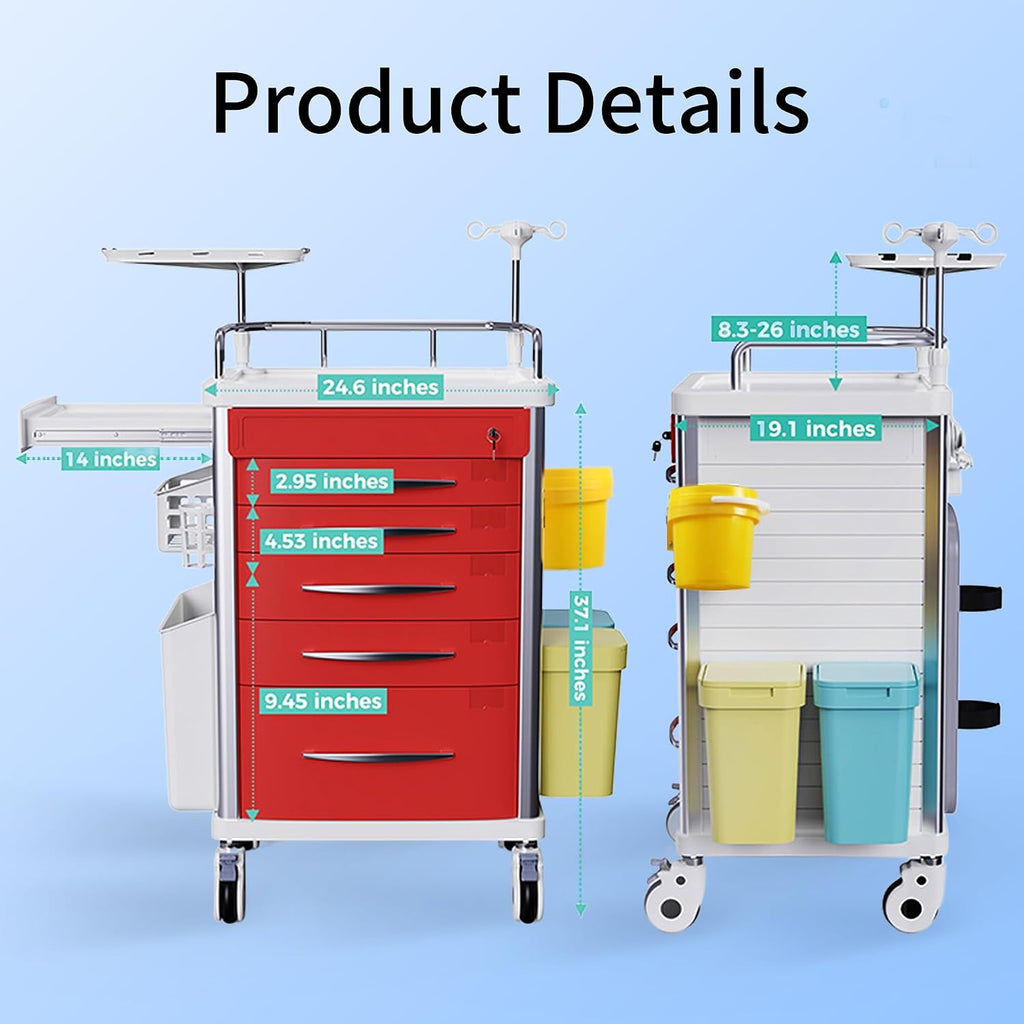FDA Approved 5-Tier Medical Crash Cart with Auto-Sensing LED Lights