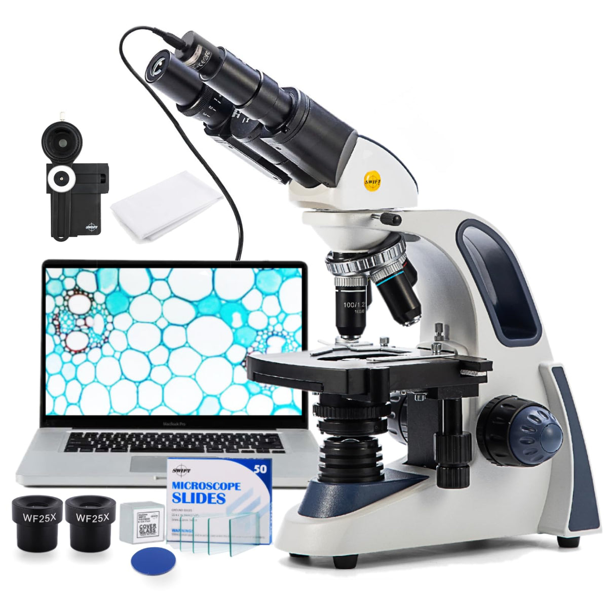 SWIFT SW380B 40X-2500X Magnification, Siedentopf Head, Research-Grade Binocular Compound Lab Microscope with Wide-Field 10X and 25X Eyepieces, Mechanical Stage, Ultra-Precise Focusing