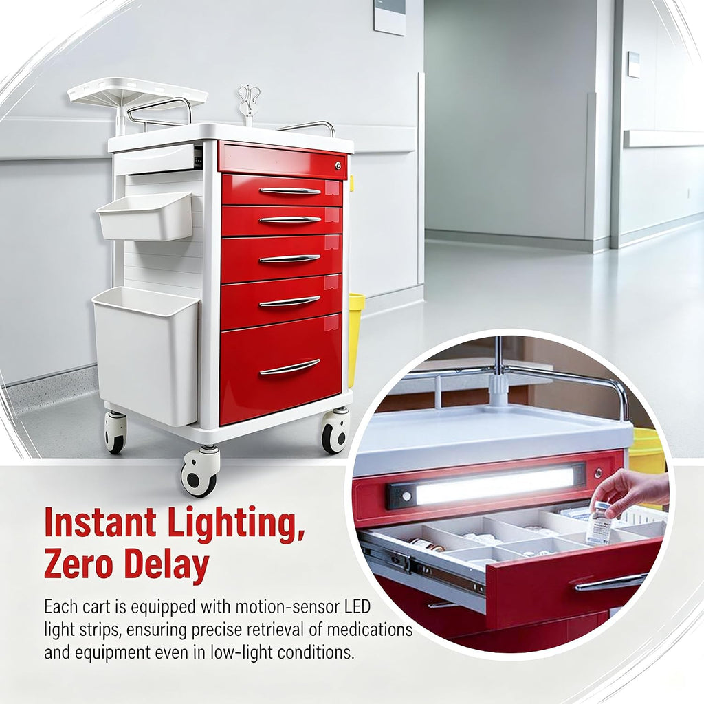 FDA Approved 5-Tier Medical Crash Cart with Auto-Sensing LED Lights