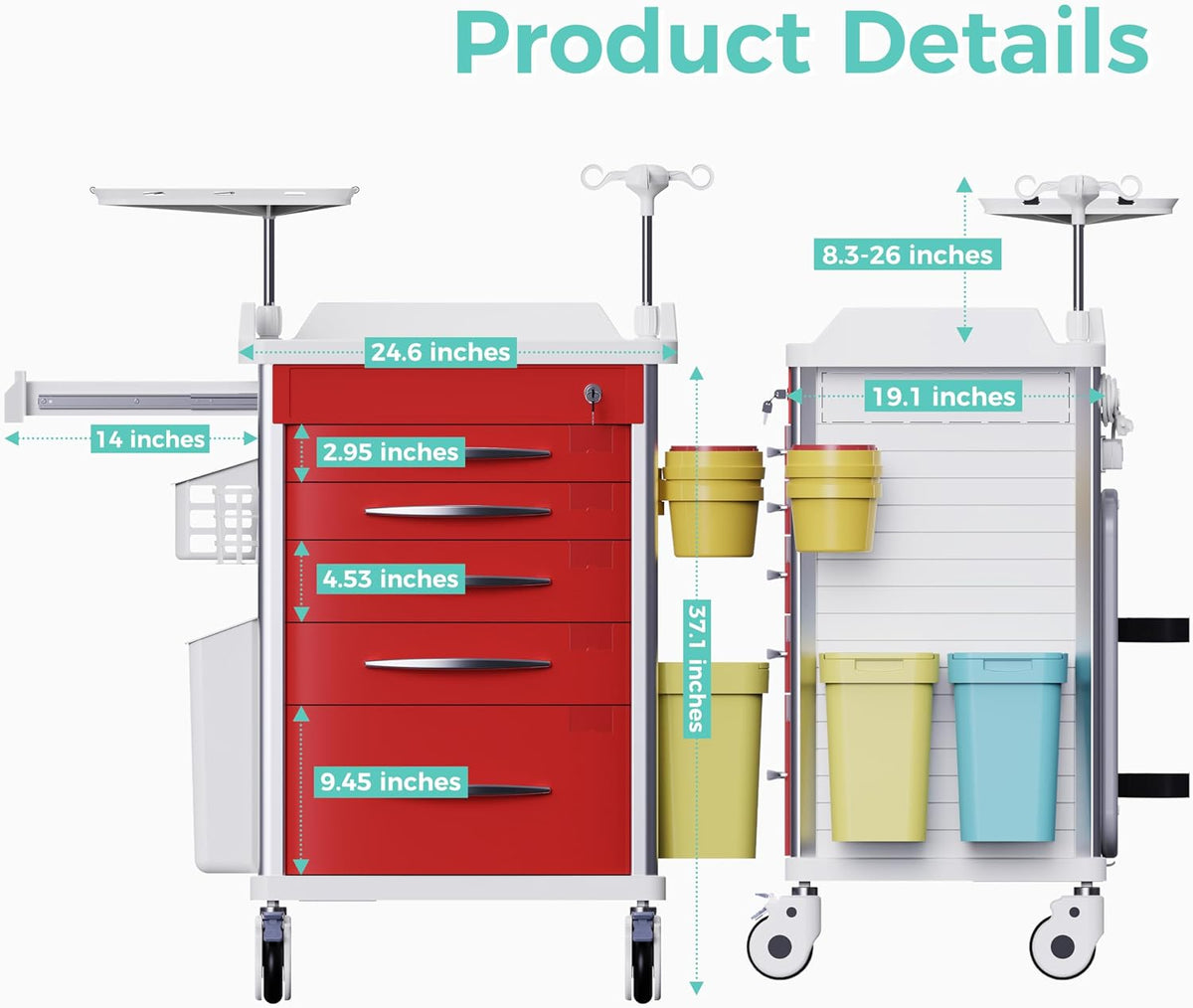 Medical Rolling Crash Cart with Integrated Medical Countertop