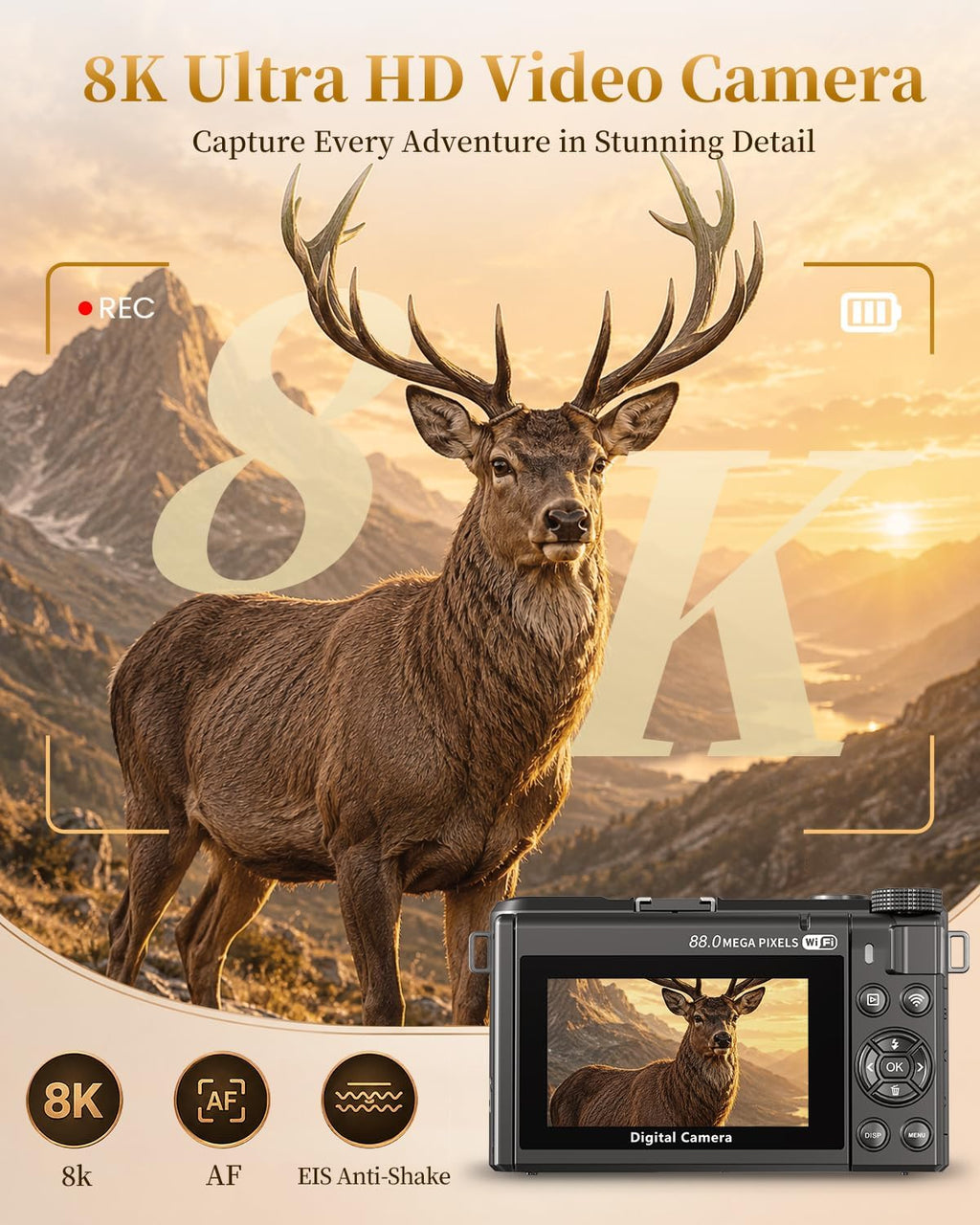 8K Digital Camera, 88MP Autofocus Camera for Beginners & Photography, WiFi