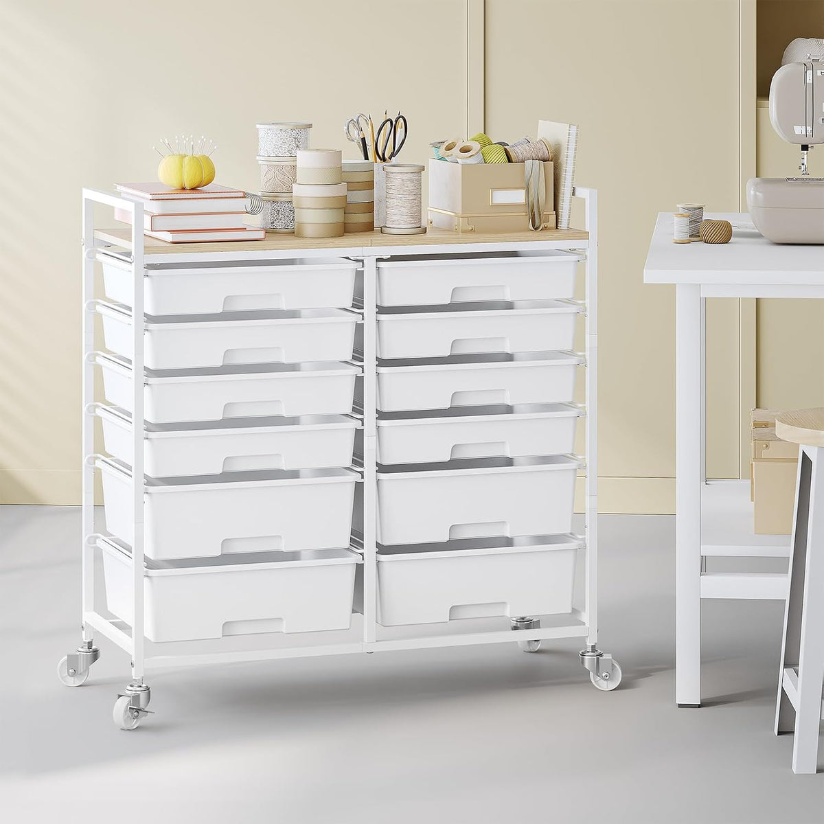 TOOLF 12 Drawers Rolling Storage Cart with Wooden Top for Classroom,White