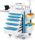 Medical Crash Cart Rolling Emergency with 5 Drawers & Wheels, Mobile Nursing Cart Featuring Power Strip, Hospital Ultrasound cart with IV Pole, Needle Disposal, O2 Holder for Hospital & Clinic