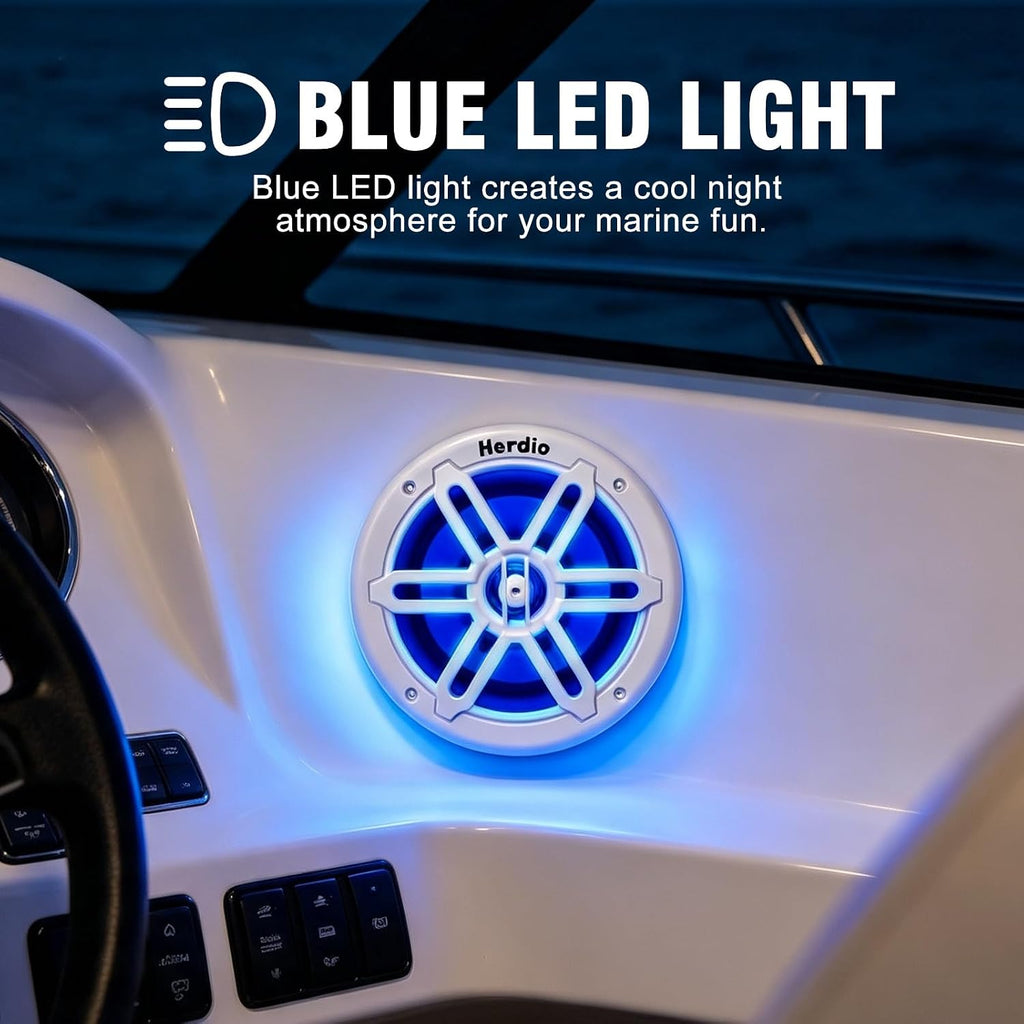 Herdio 6.5 Inch 350W Bluetooth Marine Speakers with Blue LED Light - 2 Way Waterproof Coaxial Speakers for Boats, ATVs, UTVs (A Pair, White)