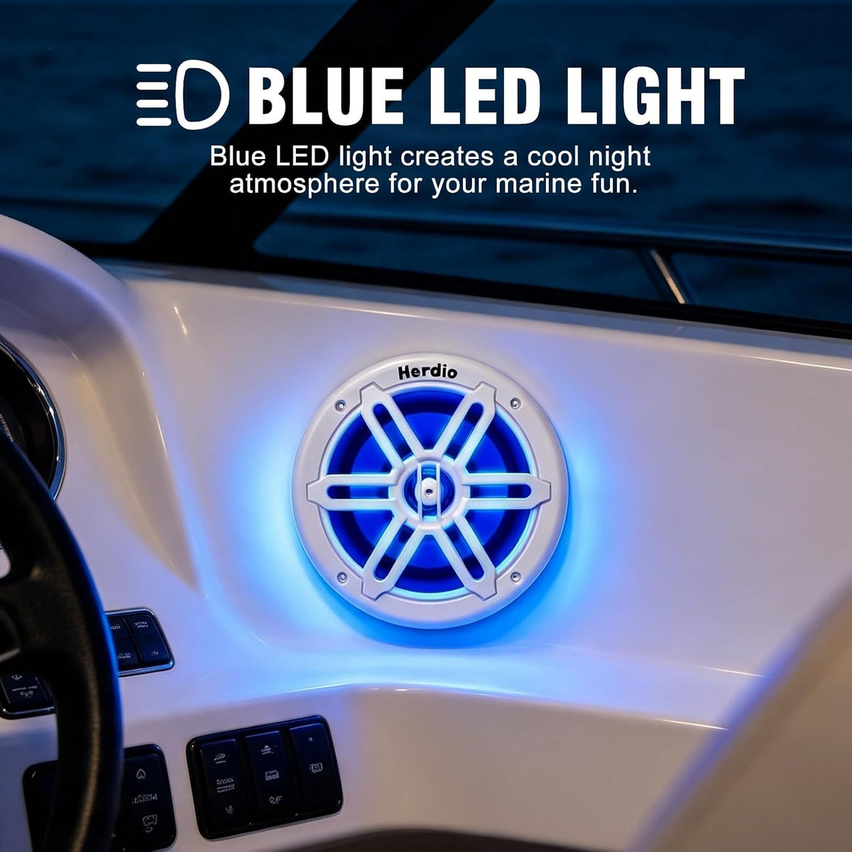 Herdio 6.5 Inch 350W Bluetooth Marine Speakers with Blue LED Light - 2 Way Waterproof Coaxial Speakers for Boats, ATVs, UTVs (A Pair, White)