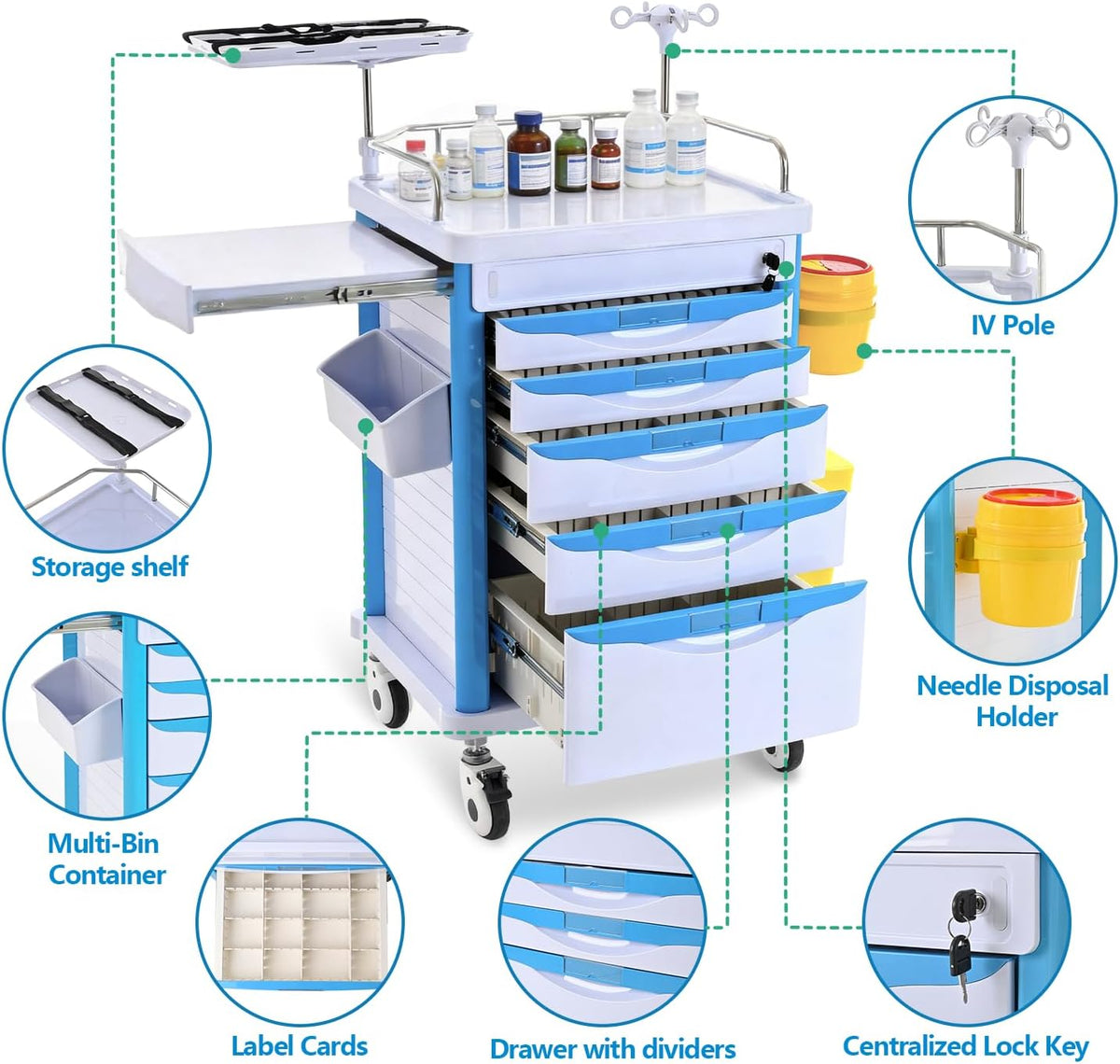 Medical Rolling Storage Crash Cart with Wheels & Drawers, Mobile Medical Cart with 5-Drawer, Medical Rolling Cart for Supplies, Nursing Emergency Cart for Hospital & Clinic, Adjustable IV Pole