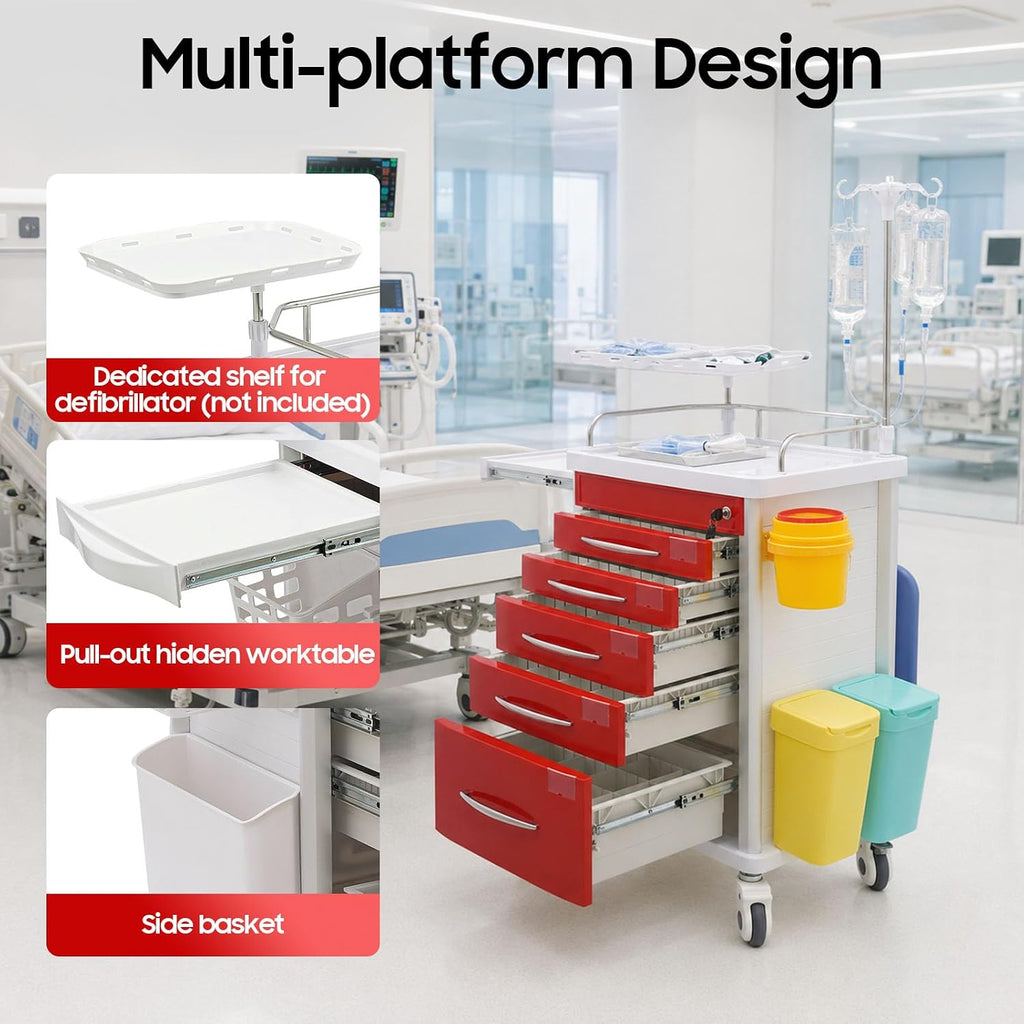 Medical Rolling Crash Cart with Accessories-CPR Board, 2 Trash Bin, Power Strip, Drawers with Dividers, Mobile Medical Cart for Clinic, Hospital, Nursing Center, Salon, 29.53 * 18.7 * 37.4in (Red)