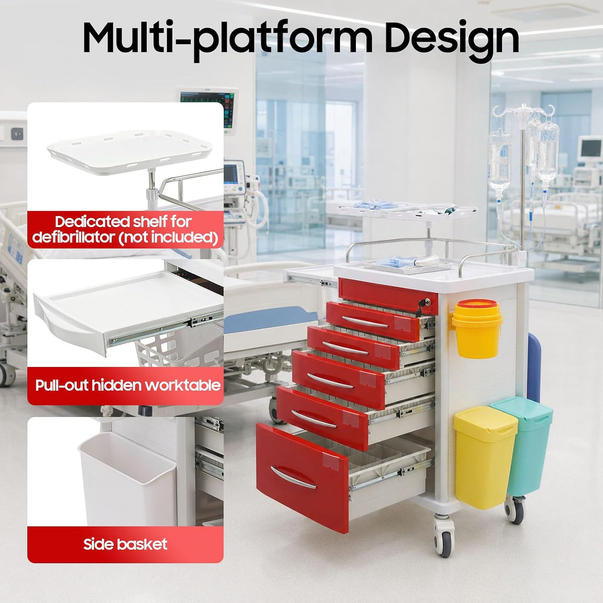Medical Rolling Crash Cart with Accessories-CPR Board, 2 Trash Bin, Power Strip, Drawers with Dividers, Mobile Medical Cart for Clinic, Hospital, Nursing Center, Salon, 29.53 * 18.7 * 37.4in (Red)