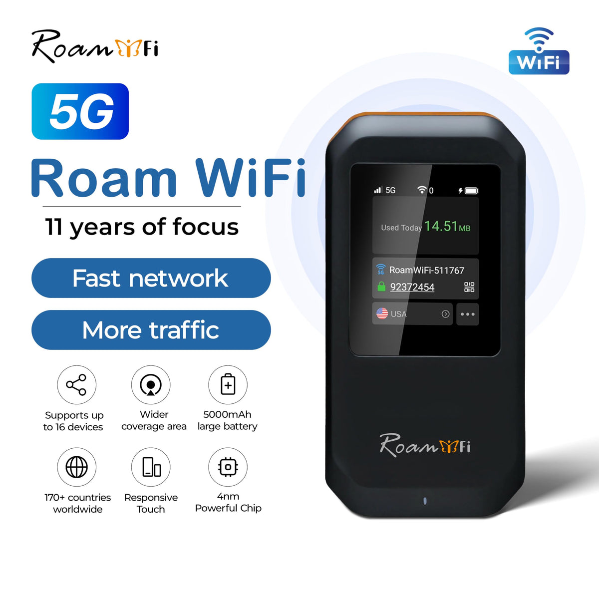 RoamWiFi Mobile Hotspot Pocket WiFi, Portable WiFi No SIM Card Needed, MiFi