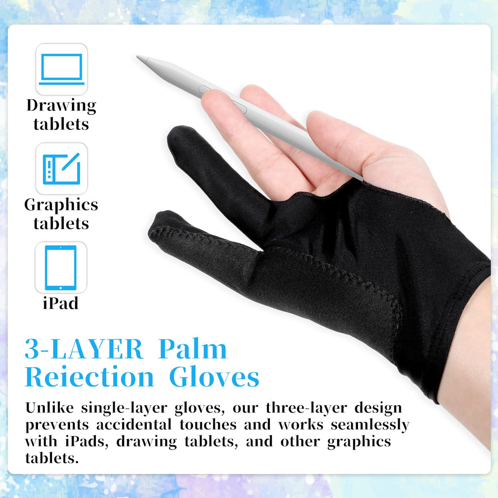 Giantree 2 Pcs Digital Drawing Glove, 3-Layer Palm Rejection Artist Glove for Drawing Graphics Monitor Tablet Paper Sketching