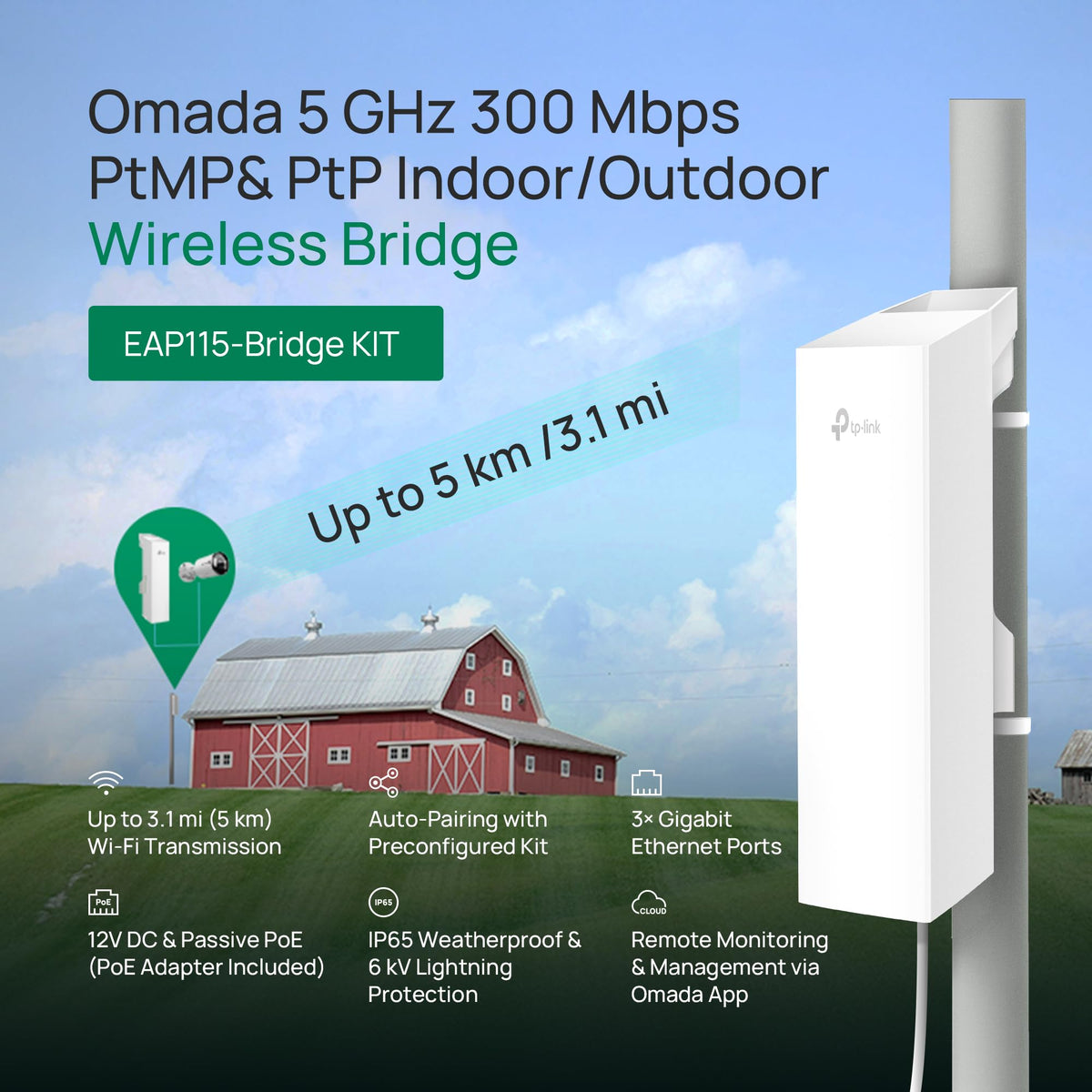 Omada 5GHz AC867 Wireless Bridge, 5km Distance, Gigabit(EAP215-Bridge KIT)