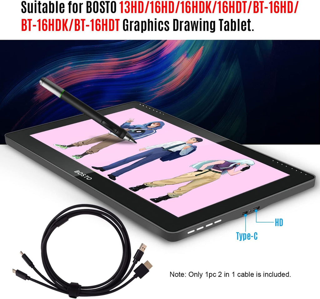 2-in-1 Cable HD USB Type C 1.55m for Graphics Tablet Monitor