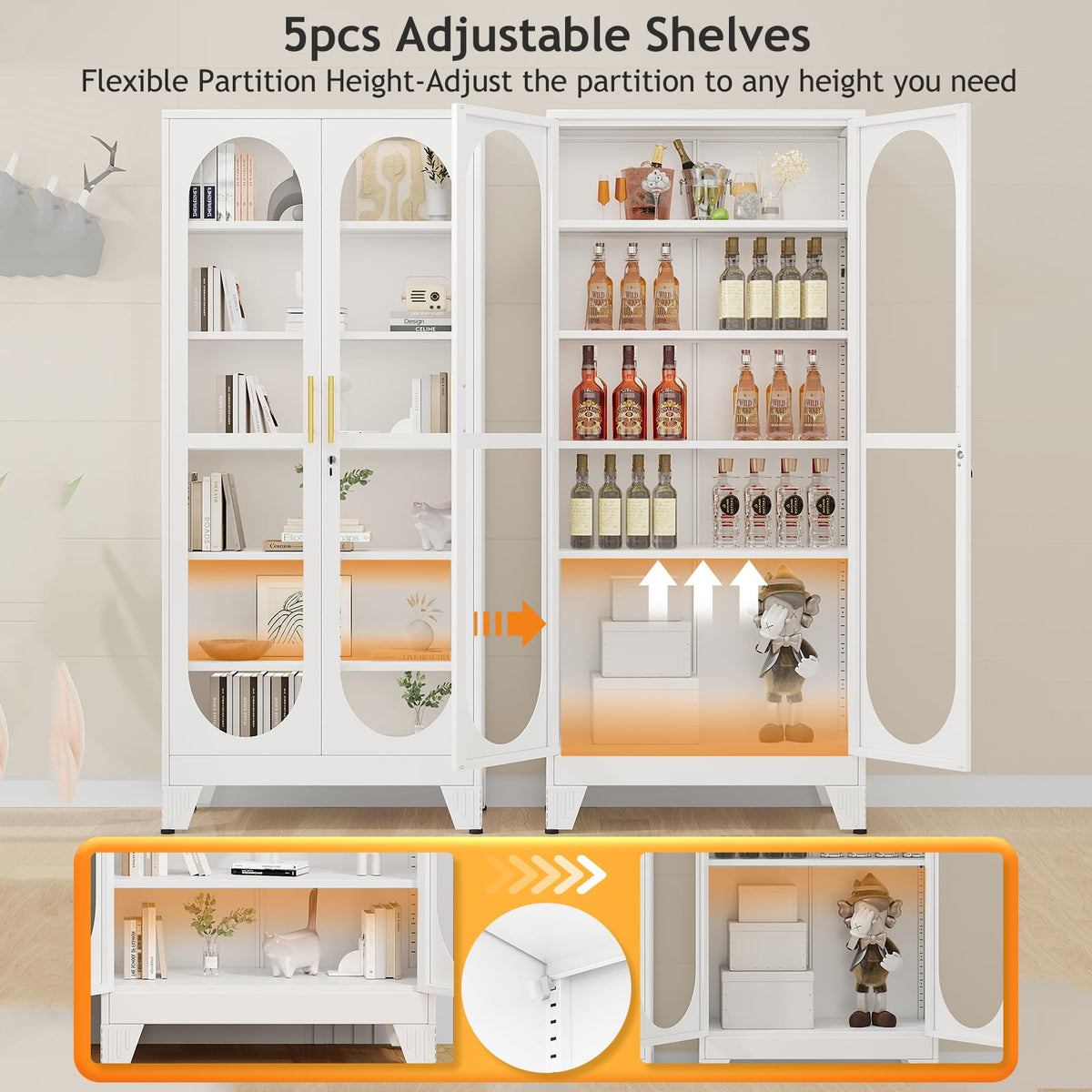 PAOFIN 47" H Locking Display Cabinet with Glass Door, Metal Cabinets with 3 Adjustable Shelves, Cabinet Display Case for Living Room, Collectibles, Clinic, Home - Assembly Required White