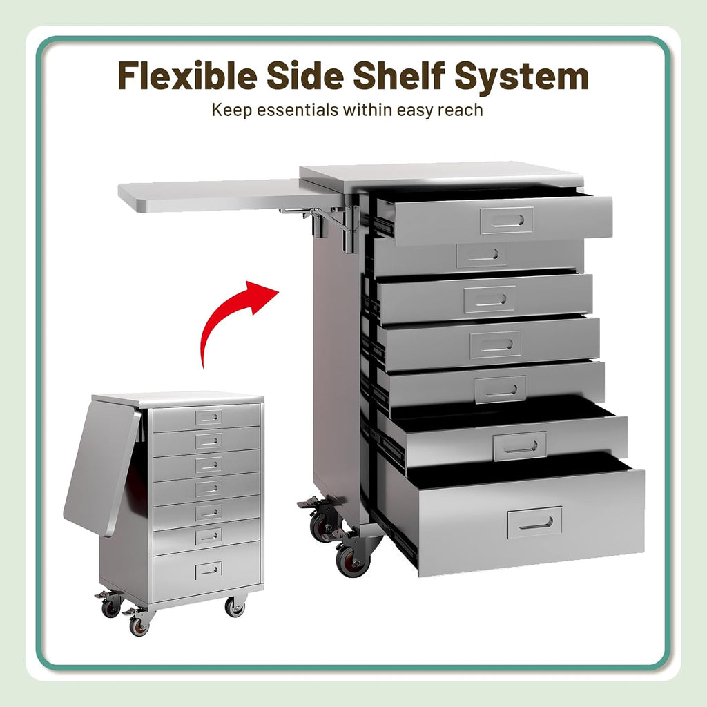 Stainless Steel Medical Dental Cabinet Cart with 7 Drawers, Mobile Storage