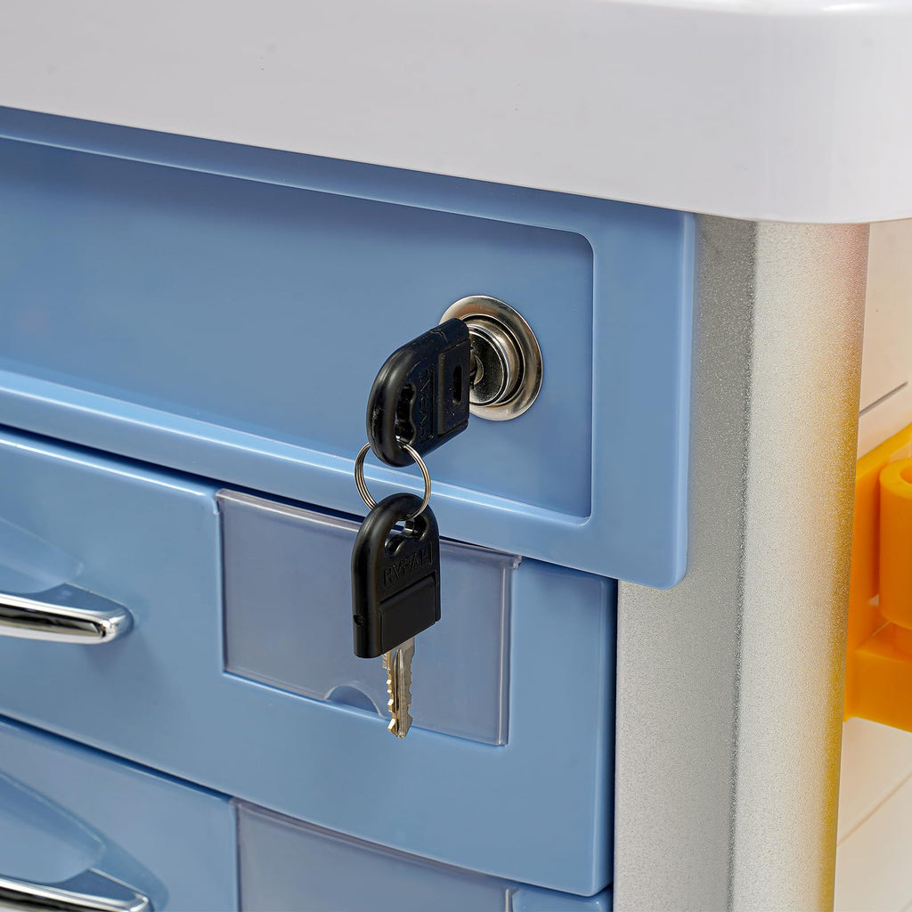 Medical Rolling Crash Cart, Medical Trolley 5 Drawers and Power Strip, Mobile Medical Cart for Clinic, Hospital, Nursing Center, Lockable Storage, Safety Retention Straps, Tag Slots (Blue)