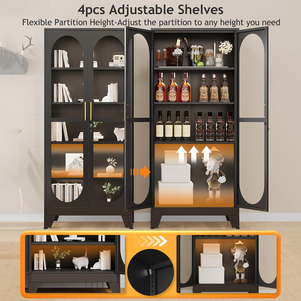 PAOFIN 47" H Locking Display Cabinet with Glass Door, Metal Cabinets with 3 Adjustable Shelves, Cabinet Display Case for Living Room, Collectibles, Clinic, Home - Assembly Required White