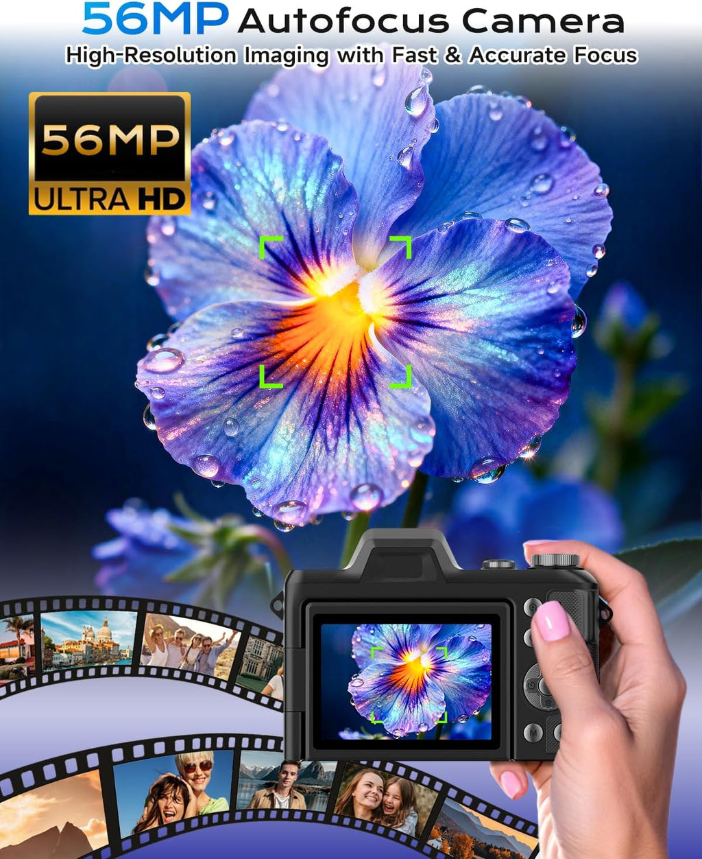 4K Digital Camera for Photography Travel, 56MP Autofocus Vlogging Camera for YouTube, 16X Zoom with 3" 180Â°Flip Screen & Lens Hood, 32GB Card, Gift Ideas for Teens & Beginners