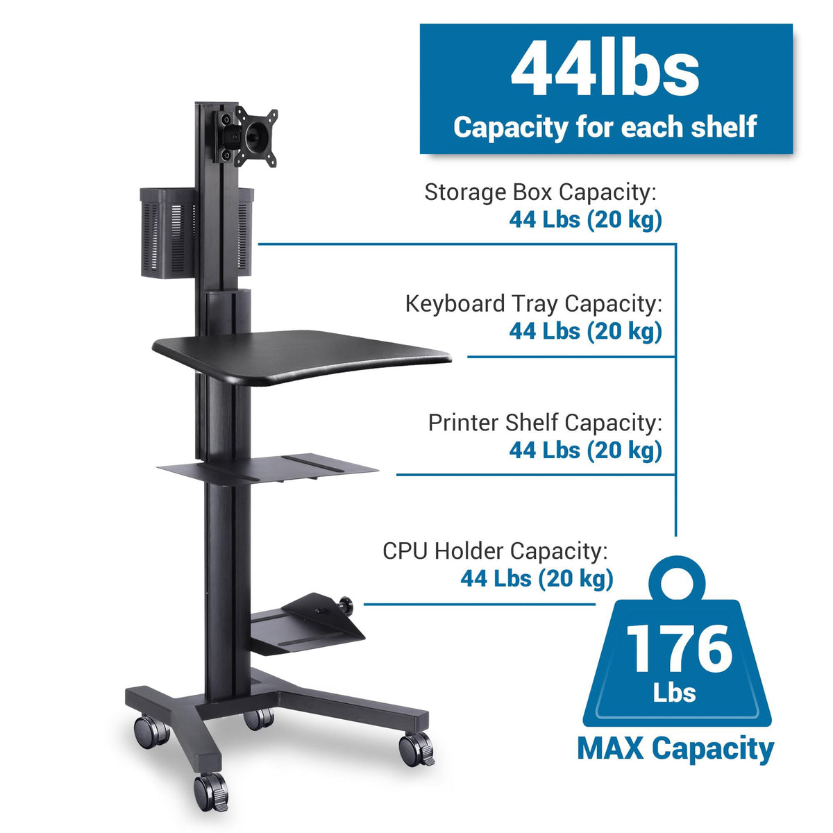 AW NexusX Commander Mobile Computer Cart Medical Rolling PC Stand Desk