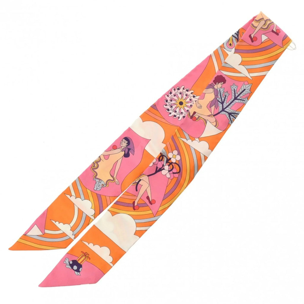 Silk Volants Muffler - (Like Scarf New) Orange/Rose/Mauve HERMES 100% Pre-Owned Women's Twilly Carres