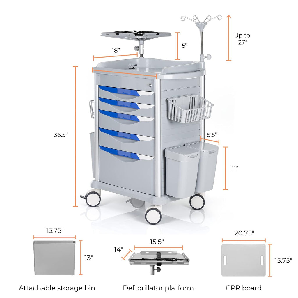 Stand Steady Emergency Crash Cart | Mobile Medical Cart with Drawers & Customizable Storage Bins | Medical Supply Cart with IV Pole, Cardiac Board, O2 Holder & UL-Safety Power Strip | Easy Assembly