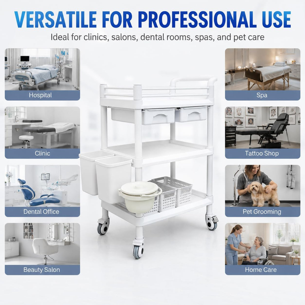 18 x 25 x 40 in Mobile Medical Cart, 3 Tier Professional Utility Cart, 600 LBS ABS Rolling Crash Cart, 2 Drawers, Dirt Bucket, Sharps Box, Storage Basket, 360Â° Wheels for Hospital Dental Clinic