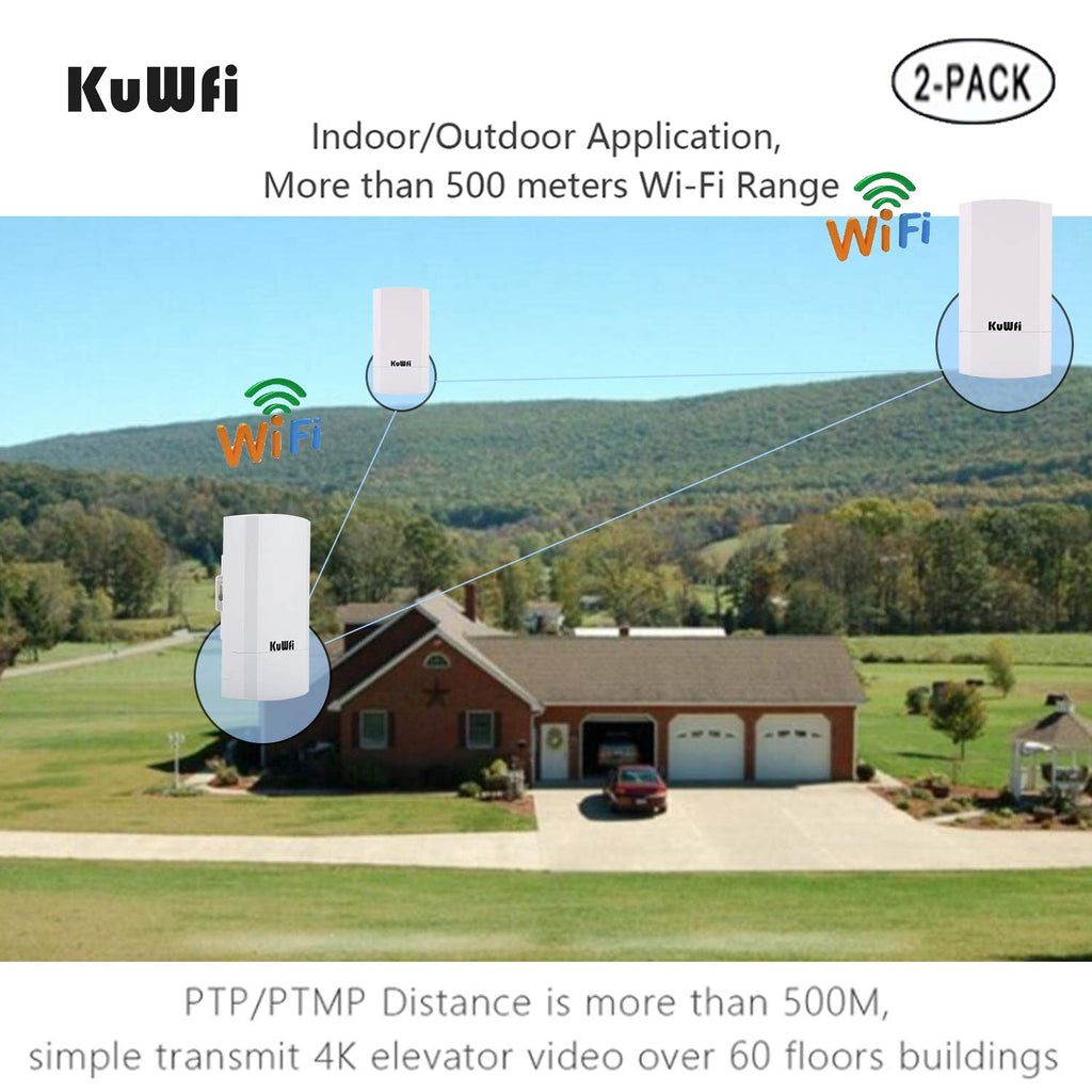 Outdoor Wireless Bridge, KuWFi 5.8G 3KM Transmission WiFi Point to Point Wireless Ethernet Bridge Router, with 3 RJ45 LAN Ports, Pre-Program, 48V PoE, 2-Packs