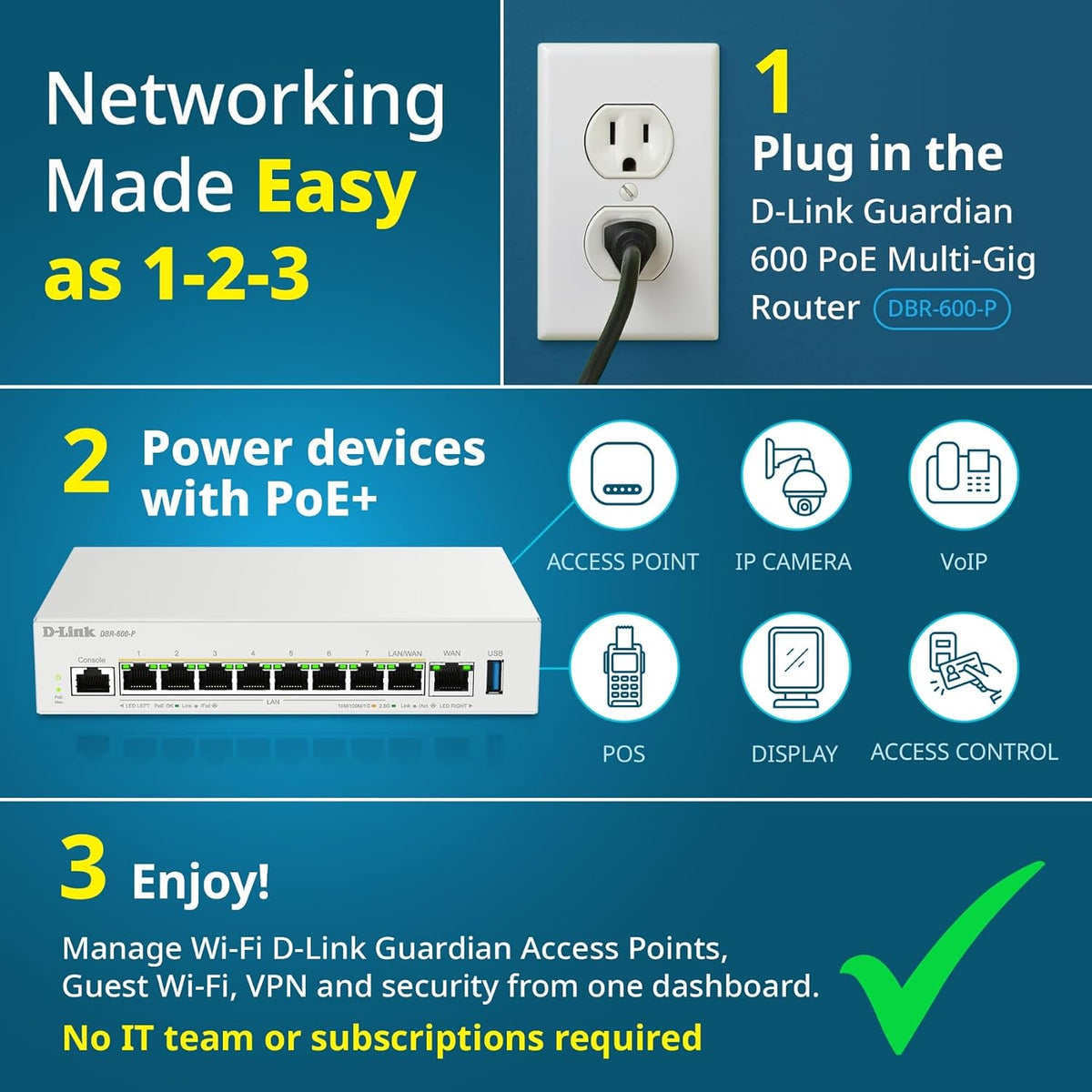 D-Link Guardian 600 PoE Multi-Gig Business Router (DBR-600-P), Premium Router with Multi-WAN Failover, SPI Firewall, 8X 2.5GbE PoE+ LAN, VPN