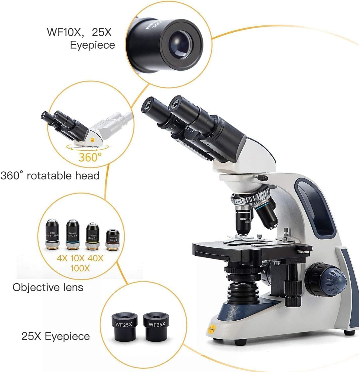 SWIFT SW380B 40X-2500X Magnification, Siedentopf Head, Research-Grade Binocular Compound Lab Microscope with Wide-Field 10X and 25X Eyepieces, Mechanical Stage, Ultra-Precise Focusing