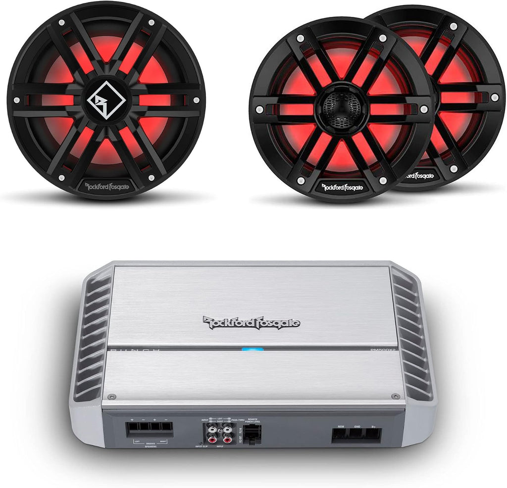 Rockford Fosgate - Two Pairs of M1-65B Black Marine 6.5" Coaxial with M2D2-10IB 10" Black Infinite Baffle Sub and PM1000X5 5-Channel Amplifier