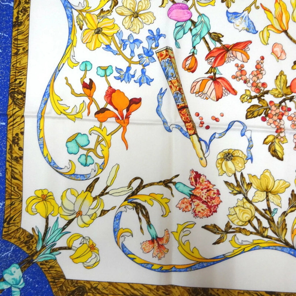 Pre-Loved Hermes Carre 90 Pierres D’ Orient Et Occident Oriental Stone And Western Stonework Women’S Scarf Muffler 100% Silk White/Blue (Like New)