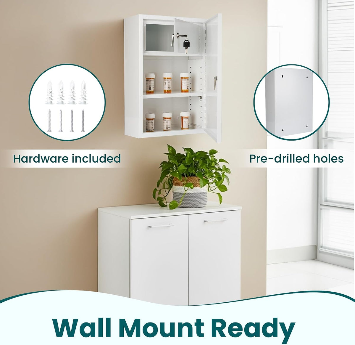 Double Locking Medicine Cabinet, Metal, 12" W x 18" H x 6" D