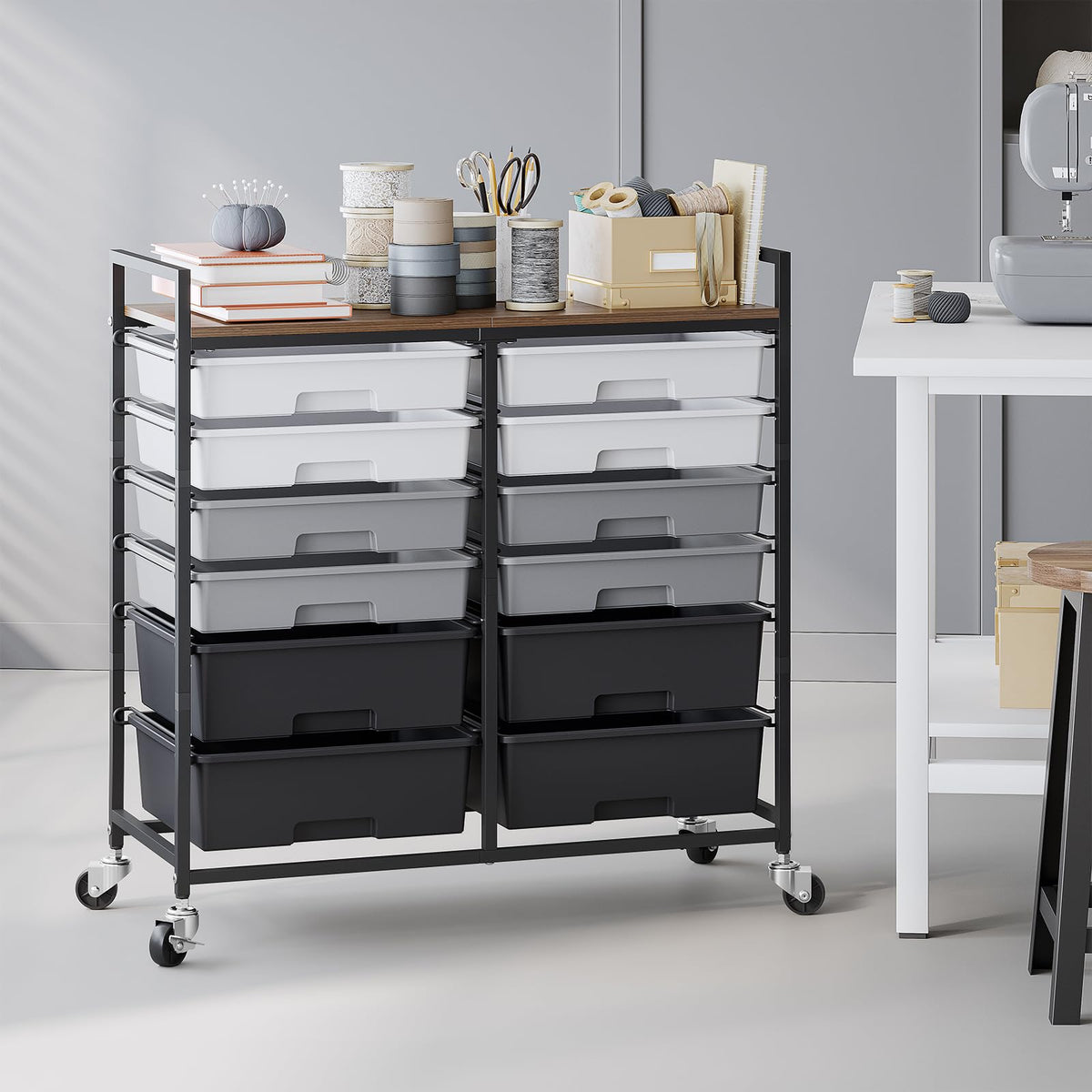 TOOLF 12 Drawers Rolling Storage Cart with Wooden Top for Classroom,White