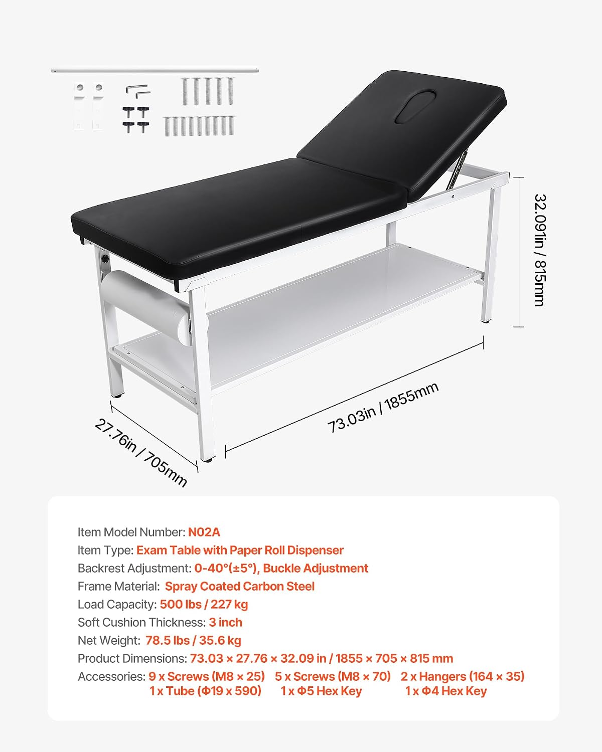 VEVOR Medical Exam Table, 500LBS Loading Medical Examination Bed with 0Â°â40Â° Adjustable Backrest, Physical Therapy Exam Table with Storage Shelf & Paper Roll Dispenser for Hospital Clinic Rehab Center