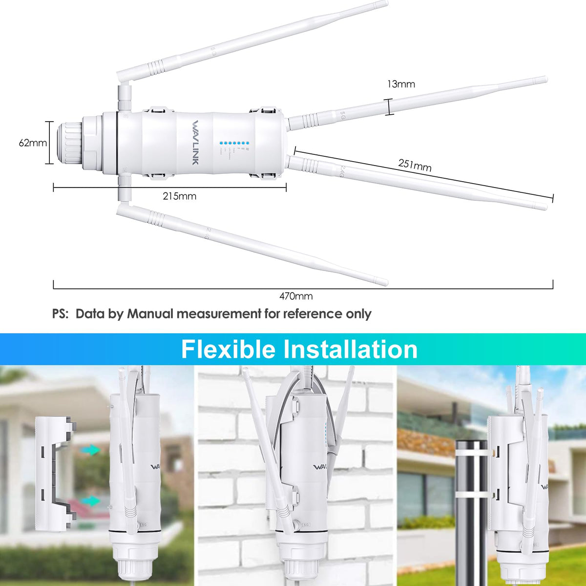 WAVLINK AC1200 Outdoor Long Range WiFi Extender/Wireless Access Point with Active/Passive POE,WAN/LAN Port,IP67 Waterproof, Dual Band 5G+2.4G, 2x7dBi Antennas,Supports Router/AP/Repeater Modes