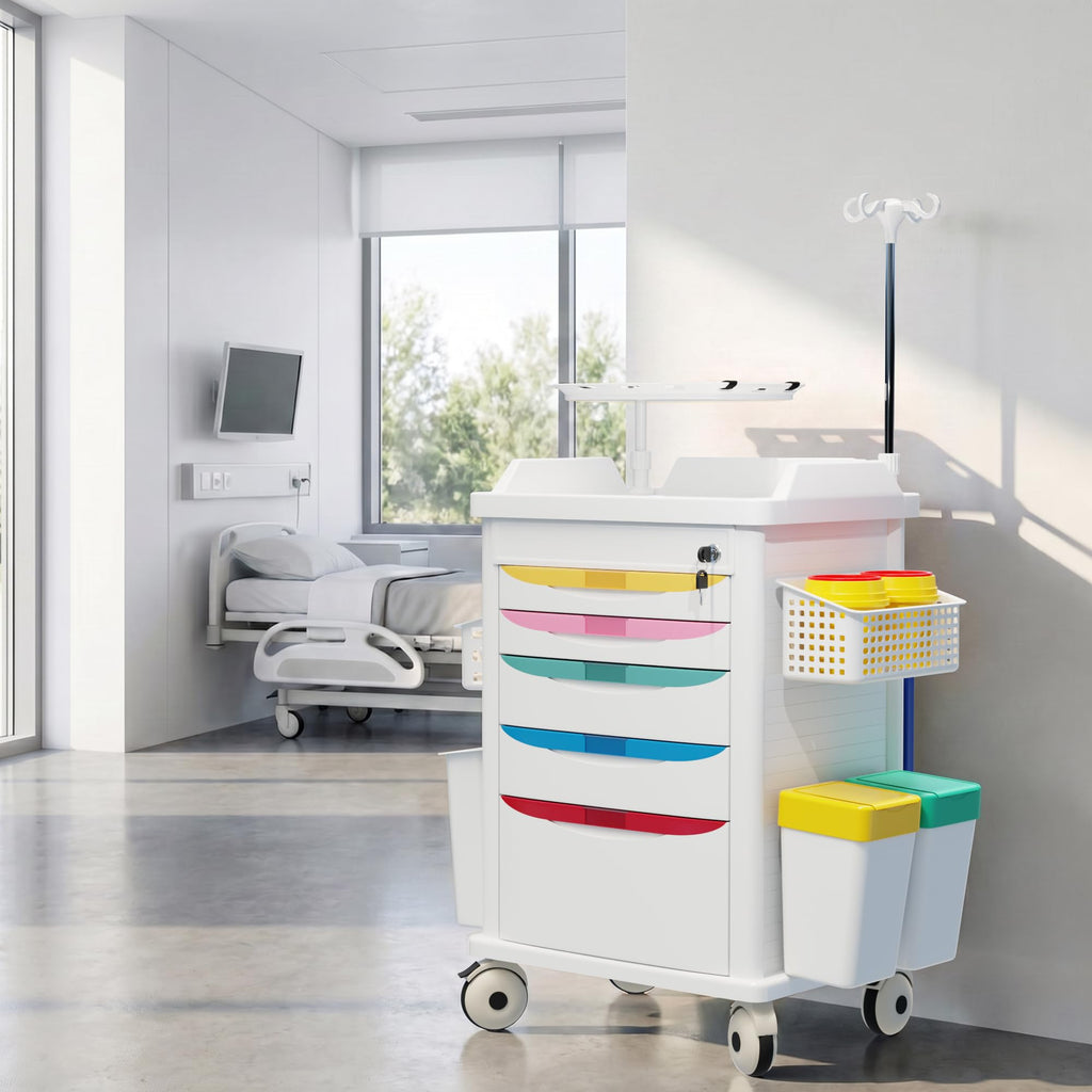 Medical Rolling Storage Crash Cart with Wheels, 5-Tier Medical Cart with Drawers, Adjustable IV Pole, Trash Bin & O2 Holder, Needle Disposal Holder, Silent Casters, Ideal for Hospitals (Grey)
