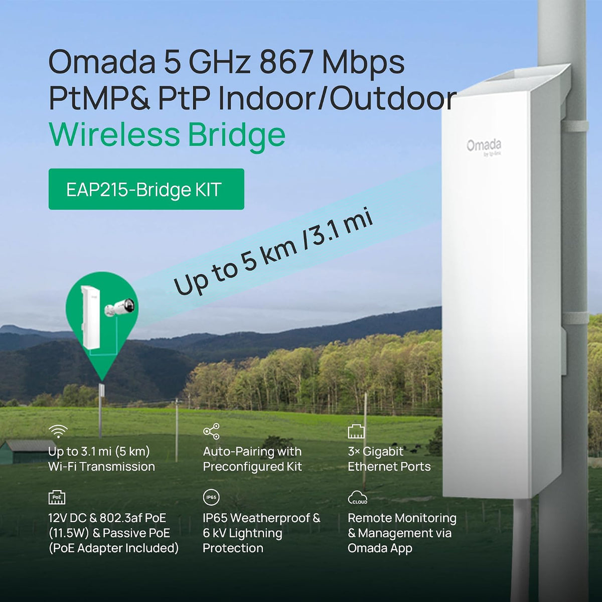 Omada 5GHz AC867 Wireless Bridge, 5km Distance, Gigabit(EAP215-Bridge KIT)